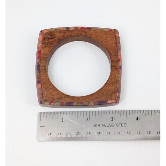 Vintage Bangle Bracelet Wood Lucite Brown Square Chunky Boho Chic Eclectic Artsy - Picture 8 of 11
